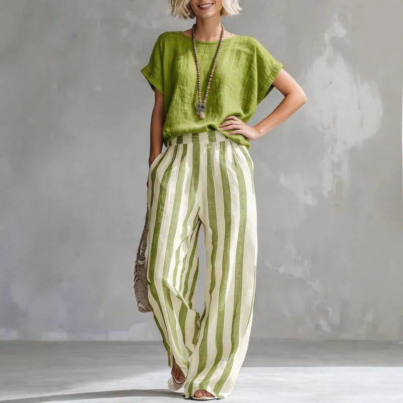 Striped linen wide leg trouser set for women | Vanessa