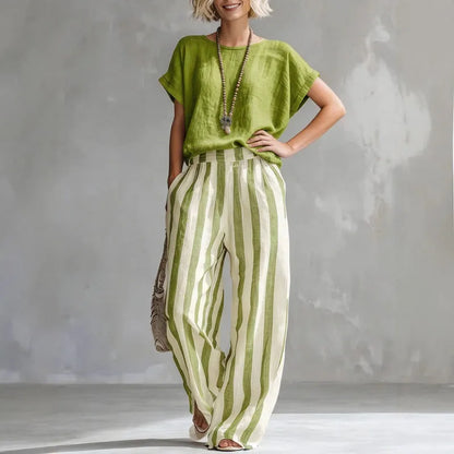 Striped linen wide leg trouser set for women | Vanessa