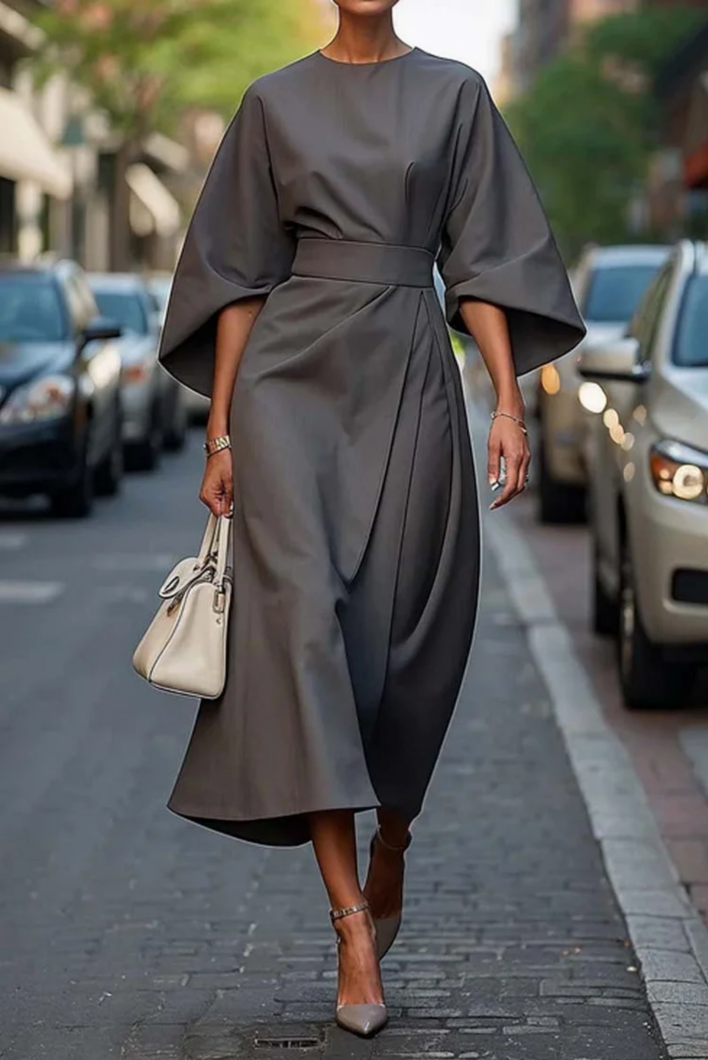 Feminine lantern-sleeve dress with adjustable waist for women | Elowen