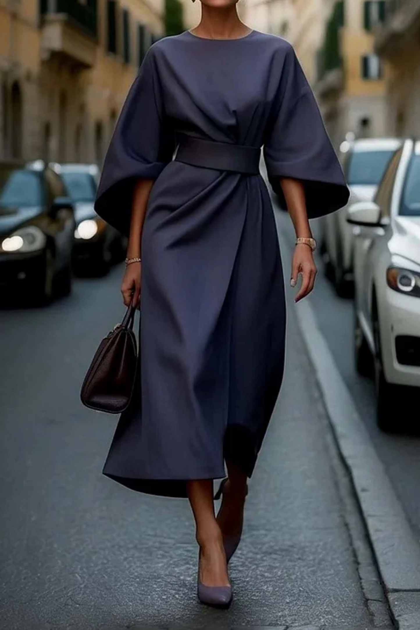 Feminine lantern-sleeve dress with adjustable waist for women | Elowen