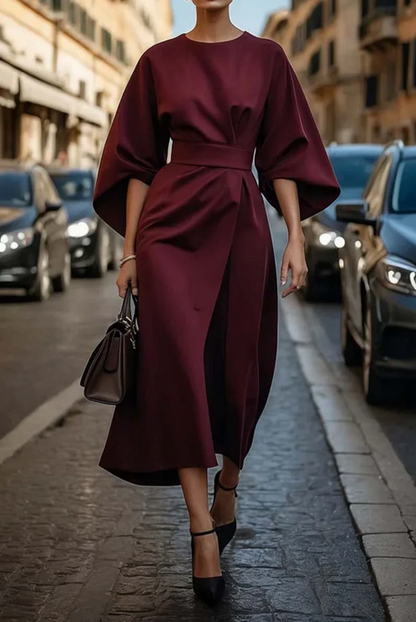Feminine lantern-sleeve dress with adjustable waist for women | Elowen