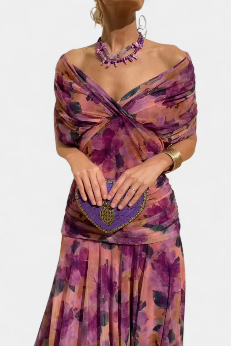 Romantic floral pleated flowing maxi dress for women | Eloria