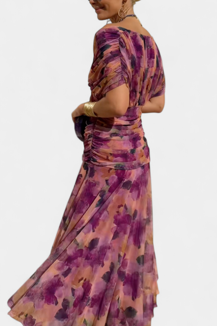 Romantic floral pleated flowing maxi dress for women | Eloria