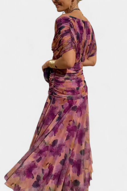 Romantic floral pleated flowing maxi dress for women | Eloria