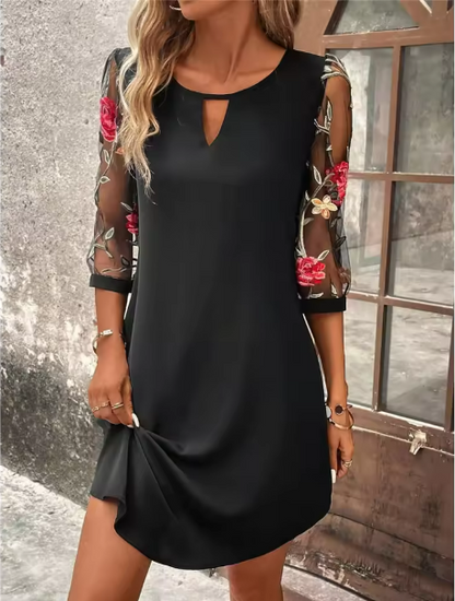 Floral romantic V-neck sheer mesh sleeve dress for women | Marisela