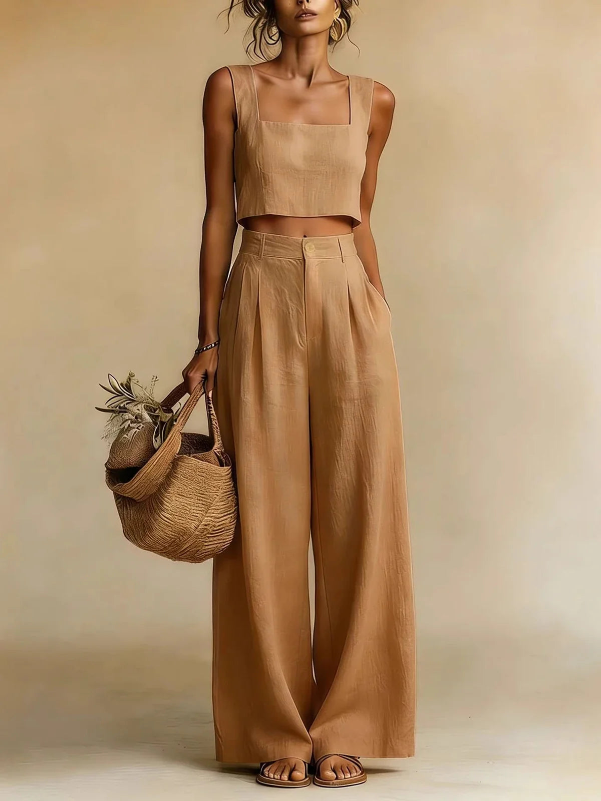 Sleeveless square neck palazzo pants set for women | Peachy