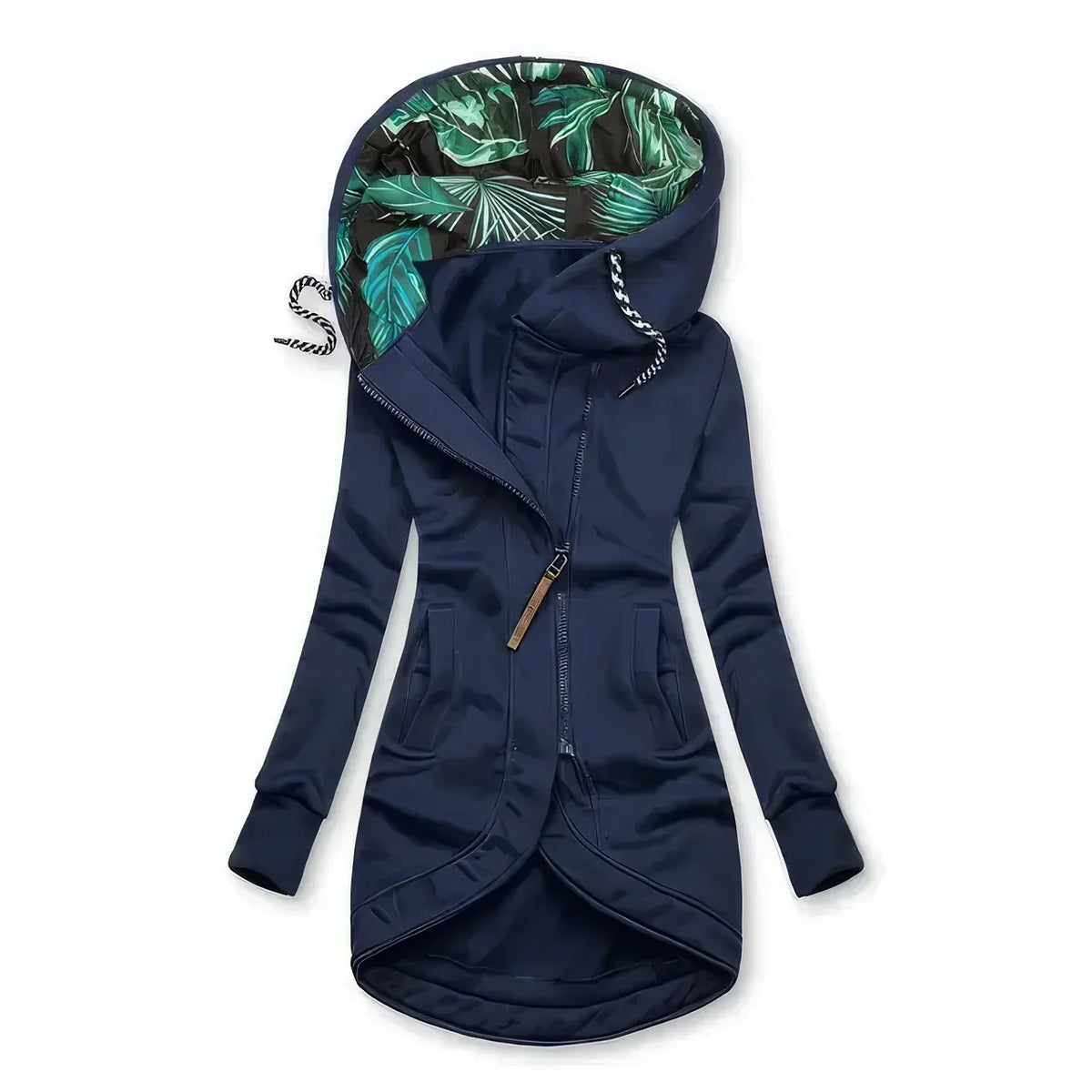 Hooded longline zip-up lightweight jacket for women | Marisela