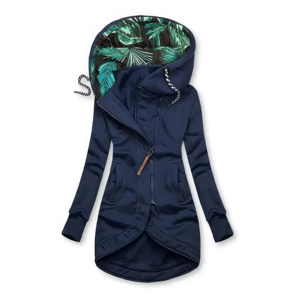 Hooded longline zip-up lightweight jacket for women | Marisela