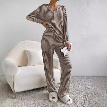 Ribbed knitted V-neck matching set for women | Kathy