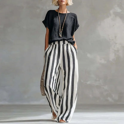 Striped linen wide leg trouser set for women | Vanessa