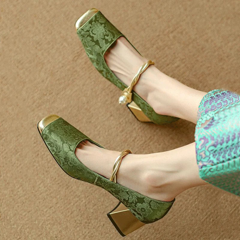 Casvian Floral Embossed Square Toe Heels | Amara