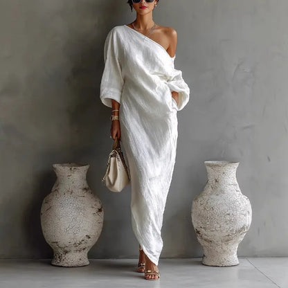 Textured linen one shoulder dress for women | Daisy