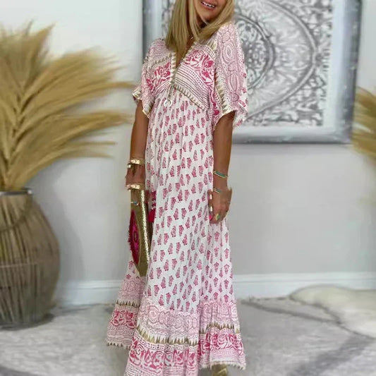 Boho printed V-neck short sleeve loose maxi dress for women | Marisela