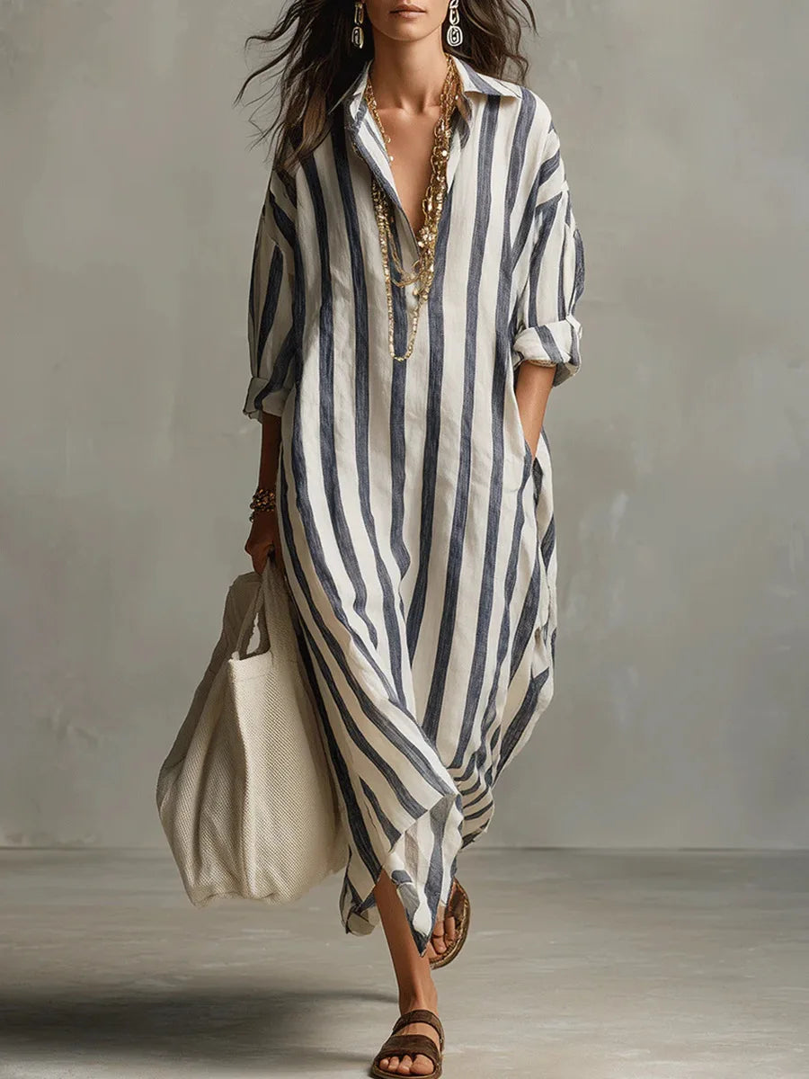 Striped oversized linen shirt maxi dress for women | Marisela