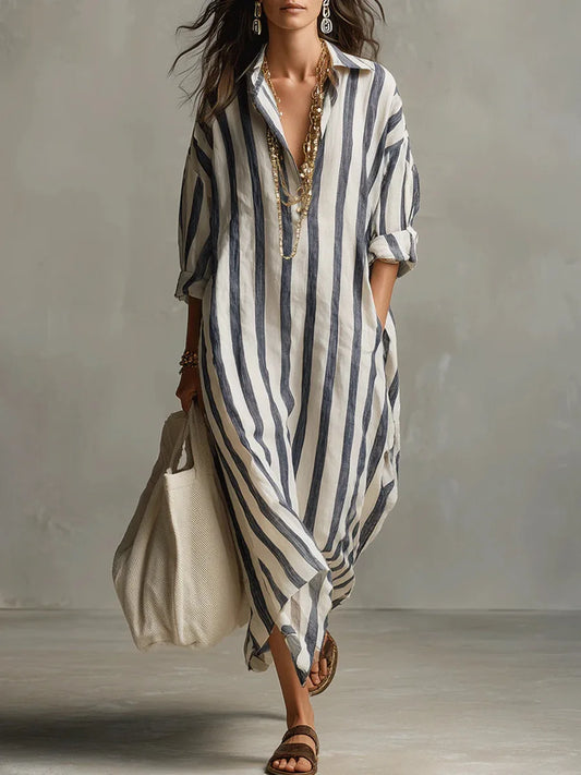 Striped oversized linen shirt maxi dress for women | Marisela