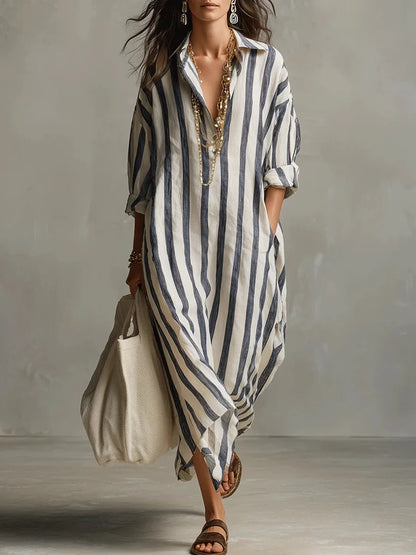 Striped linen long shirt dress for women | Amaris