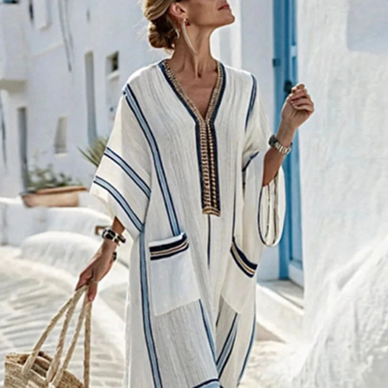 Striped coastal kaftan maxi dress for women | Santorini