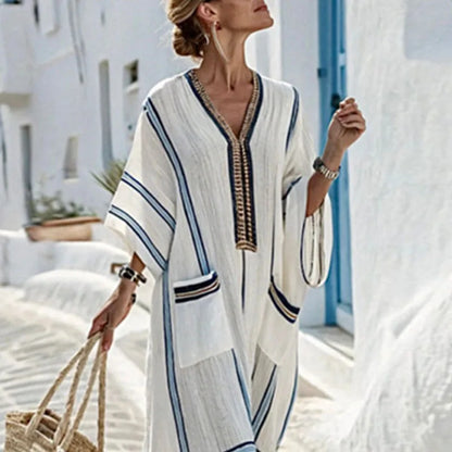 Striped coastal kaftan maxi dress for women | Santorini