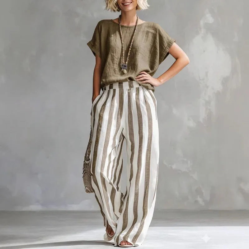 Striped linen wide leg trouser set for women | Vanessa