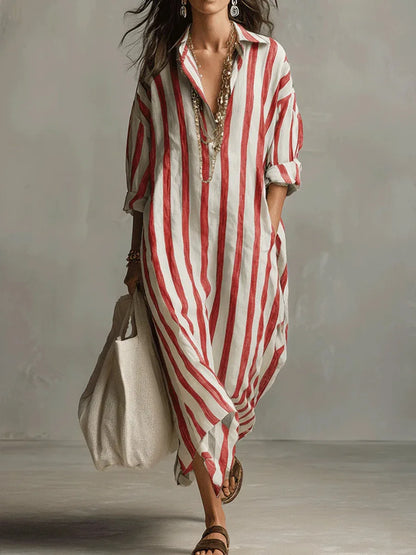 Striped oversized linen shirt maxi dress for women | Marisela