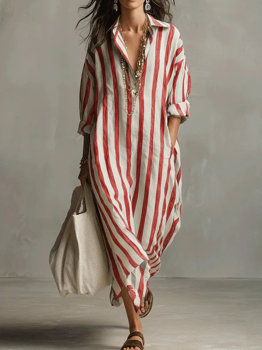 Striped linen long shirt dress for women | Amaris