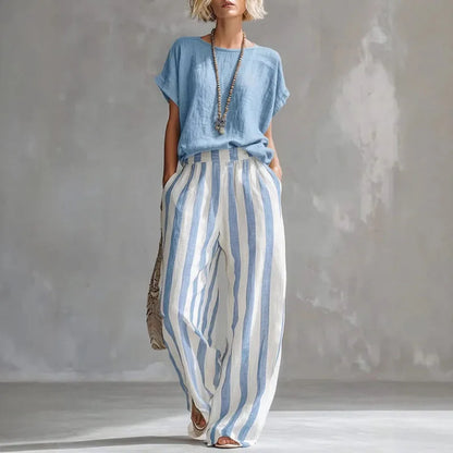 Striped linen wide leg trouser set for women | Vanessa