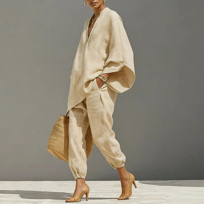 Linen batwing sleeve tapered pant set for women | Cordella