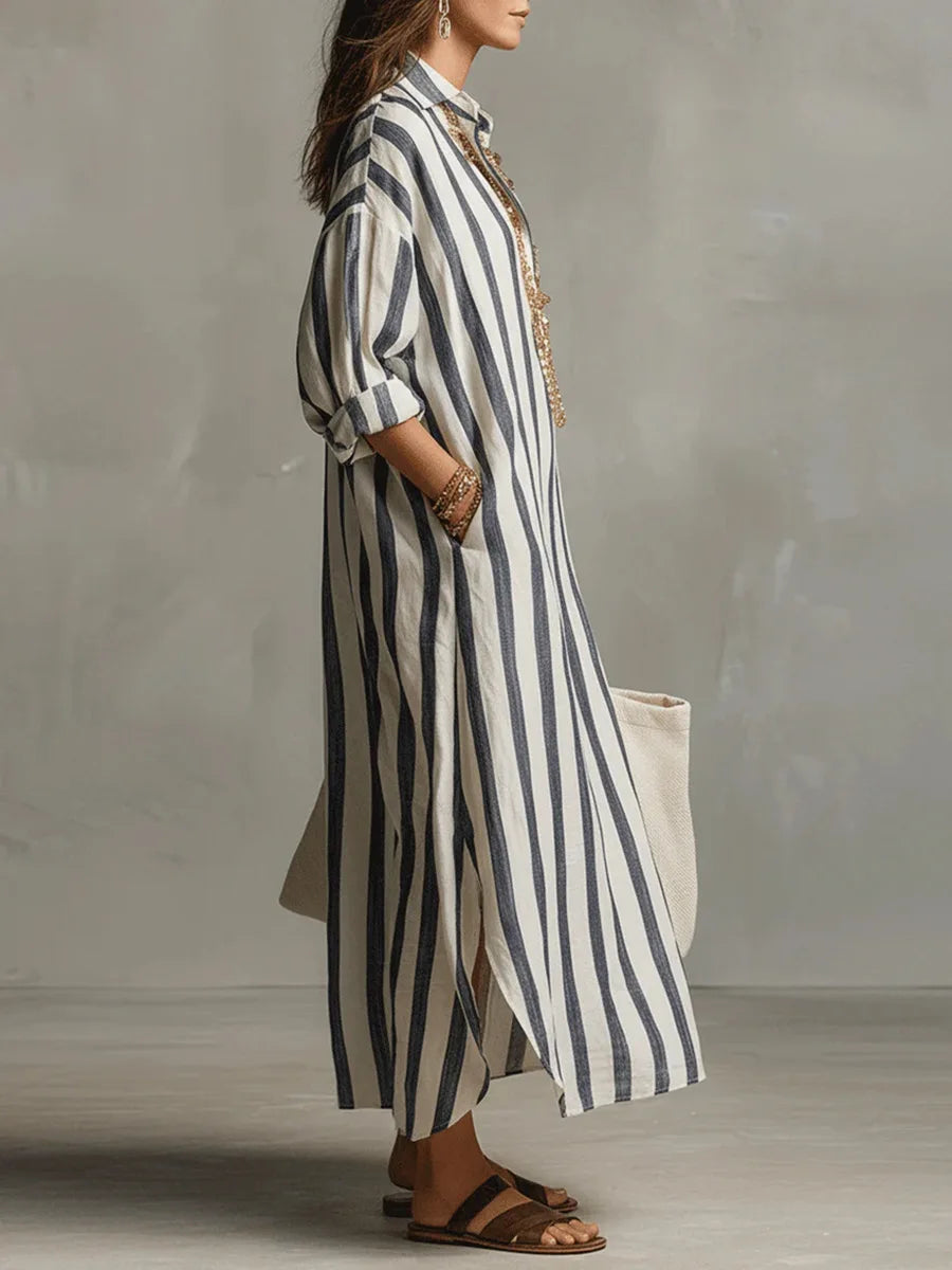 Striped oversized linen shirt maxi dress for women | Marisela