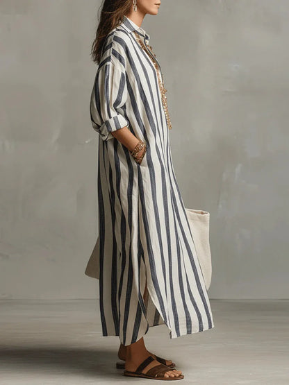 Striped oversized linen shirt maxi dress for women | Marisela