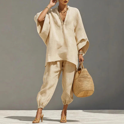 Linen batwing sleeve tapered pant set for women | Cordella