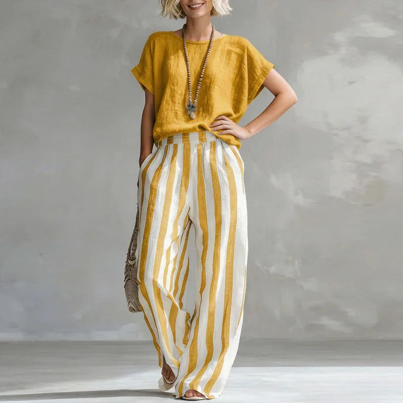 Striped linen wide leg trouser set for women | Vanessa