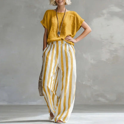 Striped linen wide leg trouser set for women | Vanessa