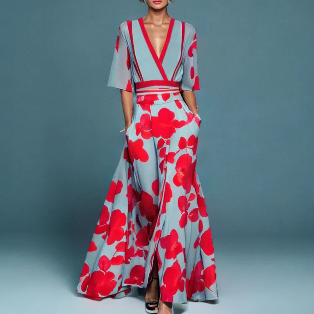 Floral wrap deep V-neck maxi dress with contrast trim for women | Marisela