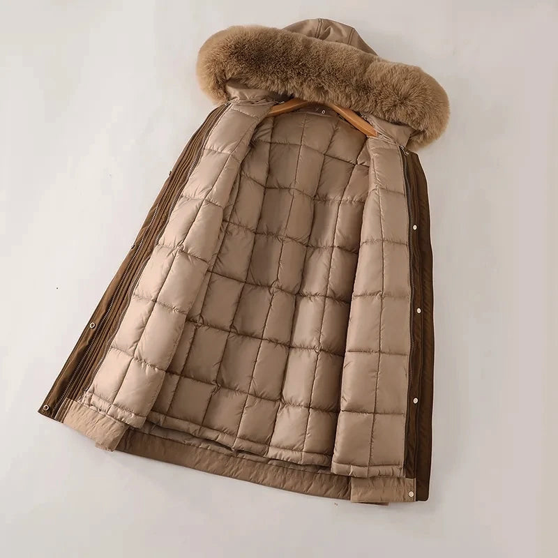 Elegant long winter coat with hood for women | Elowen