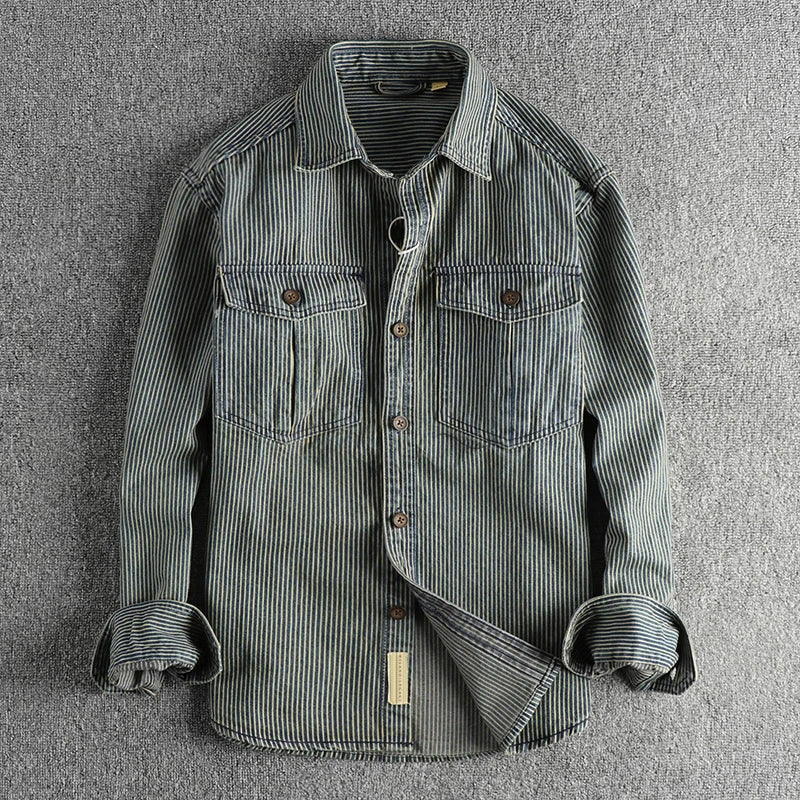 Vintage striped button-up shirt with chest pockets for men | Nolan