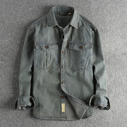 Vintage striped button-up shirt with chest pockets for men | Nolan