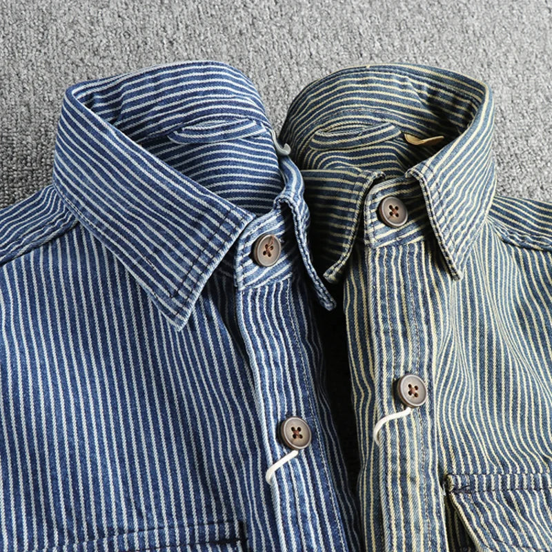 Vintage striped button-up shirt with chest pockets for men | Nolan