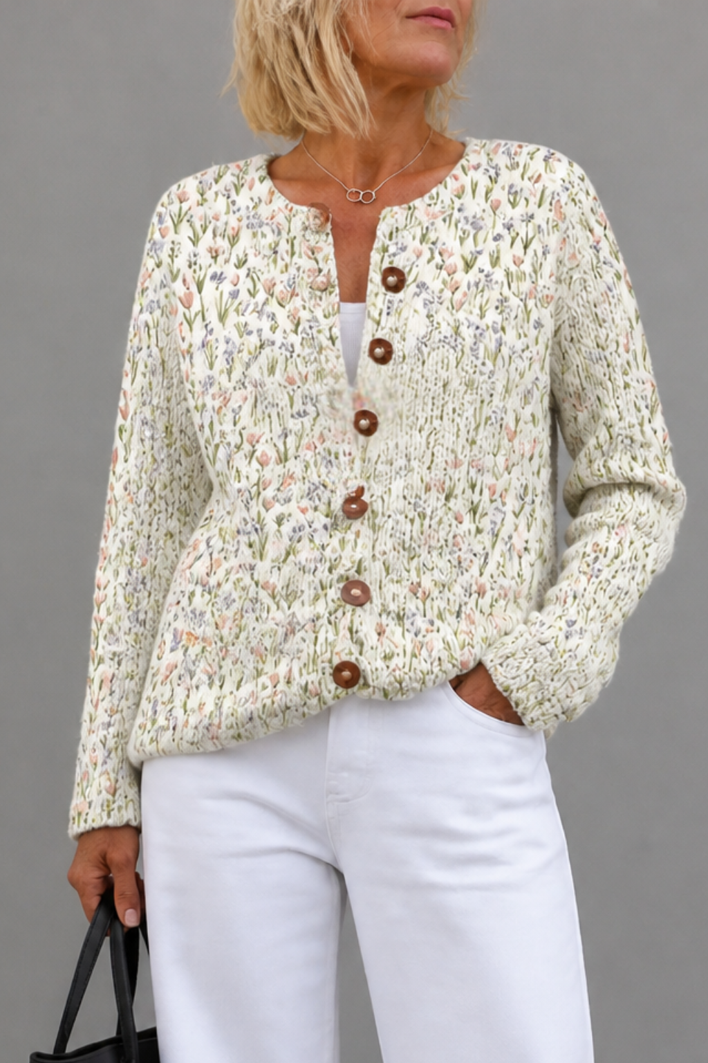 Solvane | Women's Floral Print Knit Cardigan with Buttons