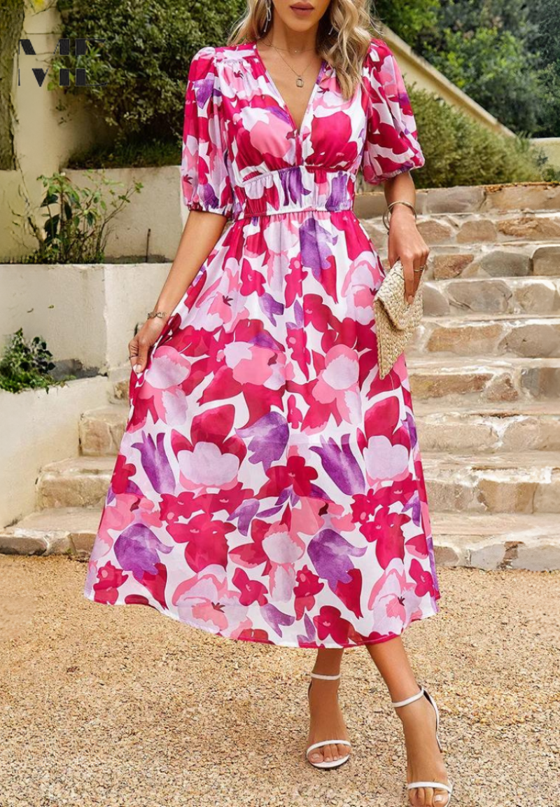 Vibrant floral summer flowing dress for women | Chloe