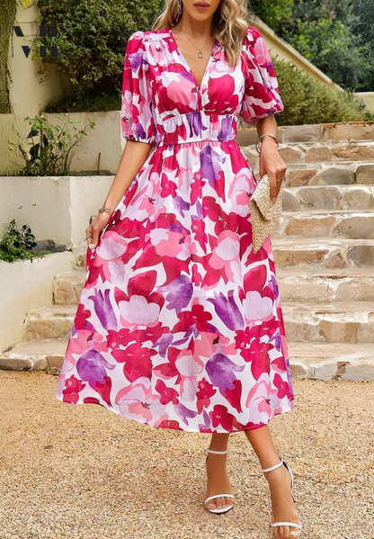 Vibrant floral summer flowing dress for women | Chloe