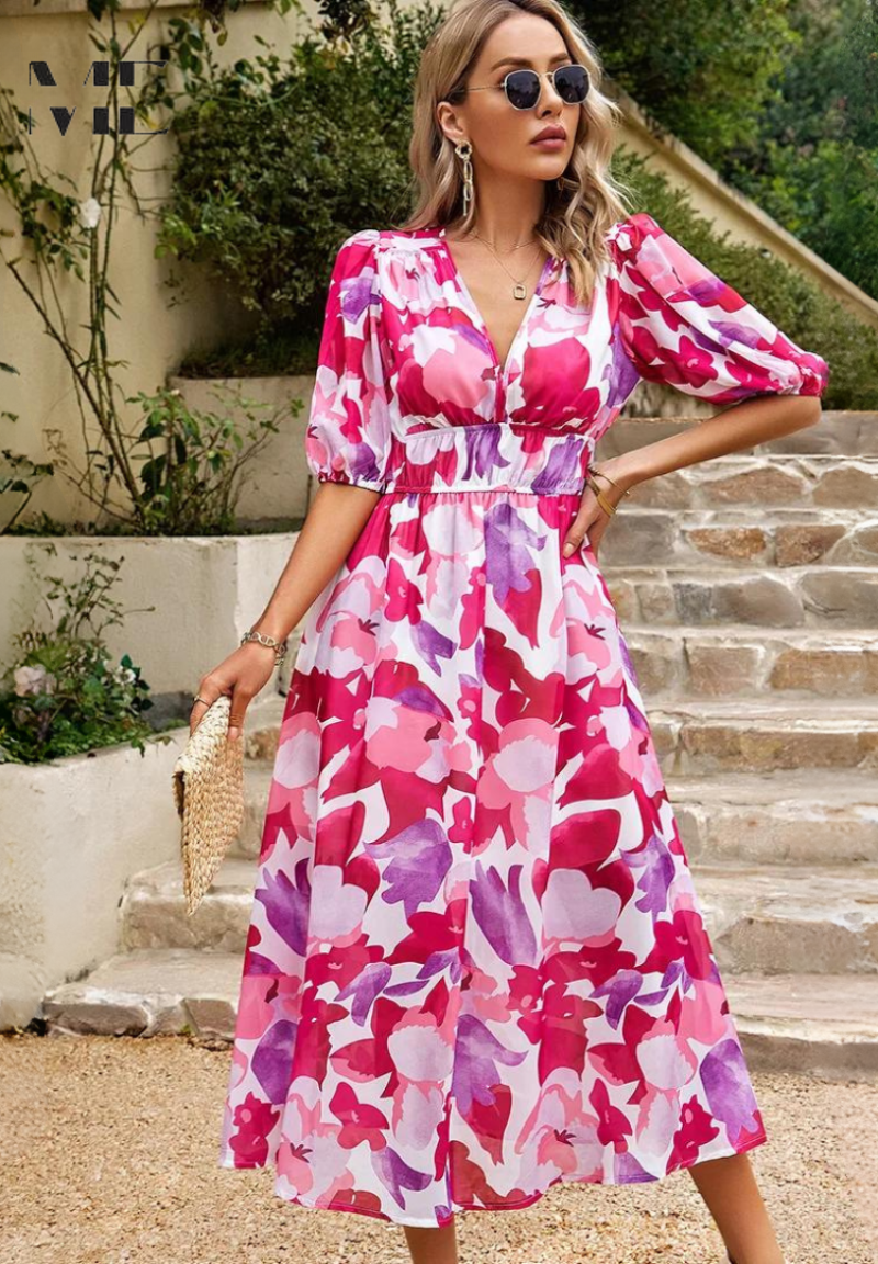 Vibrant floral summer flowing dress for women | Chloe