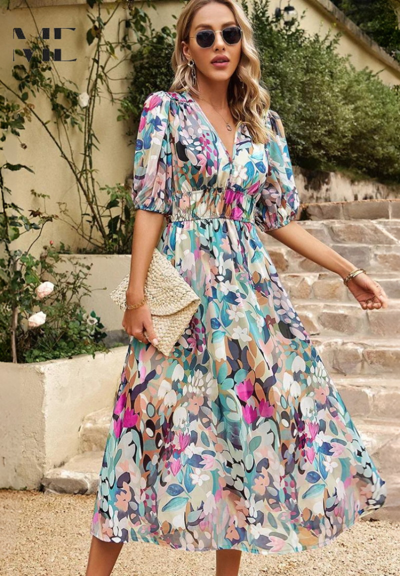 Vibrant floral summer flowing dress for women | Chloe