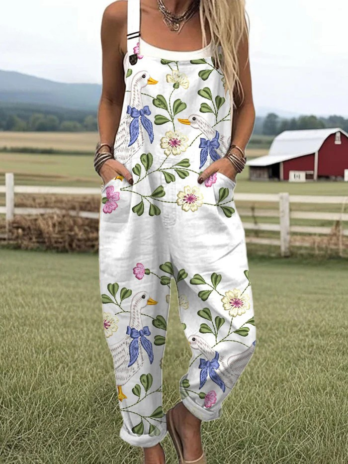 Aubrey | Women's Goose Print Adjustable Strap Jumpsuit