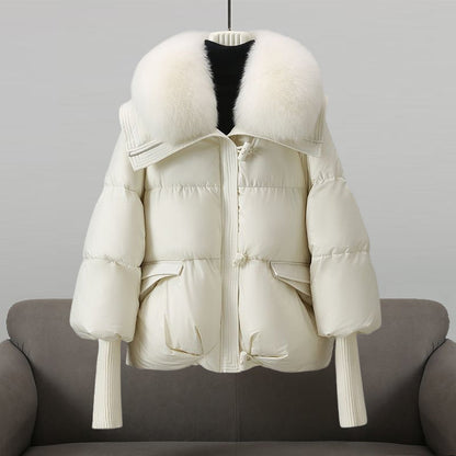 Extended-length puffer jacket with statement collar for women | Elara