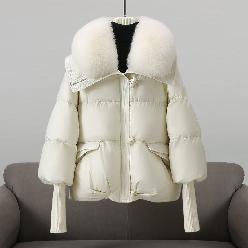 Extended-length puffer jacket with statement collar for women | Elara
