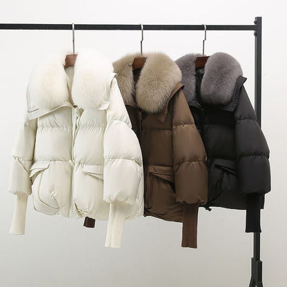 Extended-length puffer jacket with statement collar for women | Elara