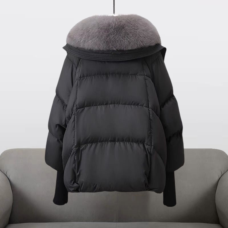 Extended-length puffer jacket with statement collar for women | Elara