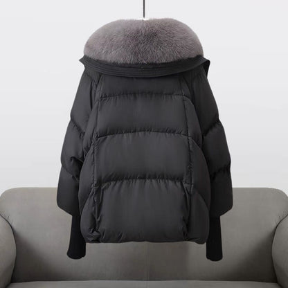 Extended-length puffer jacket with statement collar for women | Elara