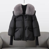 Extended-length puffer jacket with statement collar for women | Elara