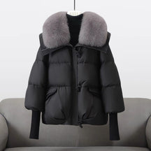 Extended-length puffer jacket with statement collar for women | Elara